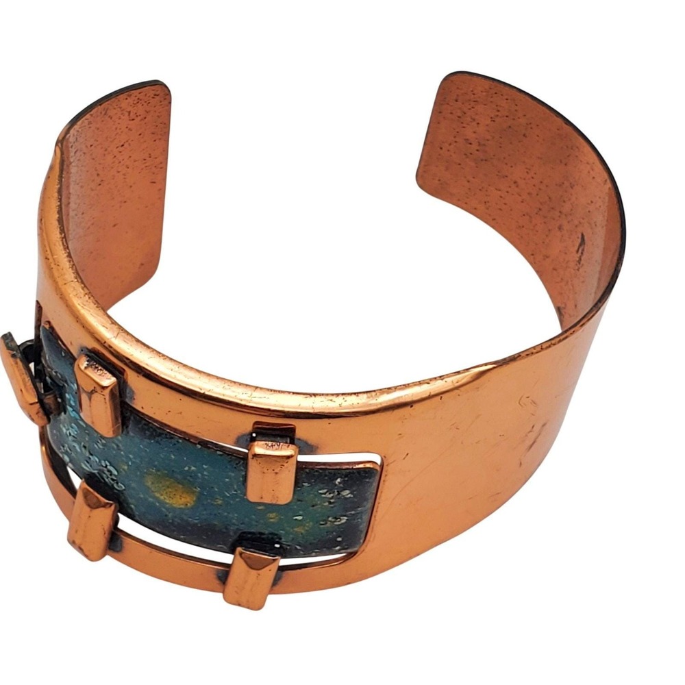 Matisse Renoir Cuff Copper Teal‎ Enamel Bangle Asymmetrical Bracelet Modern MCM - Picture 6 of 9